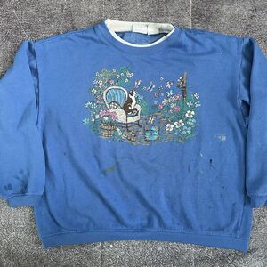 Women's Vintage 90s Basic Editions Cat Park Pond Nature Crewneck Sweatshirt Sz M